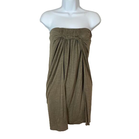 BOSS Hugo Boss Olive Green Twist Front Layered Strapless Mini Dress Sz S - Picture 1 of 10